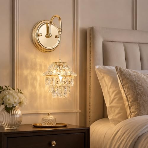Small Indoor Hardwired Crystal Brass Gold Wall Sconce Light Set of 2 (2 Count)
