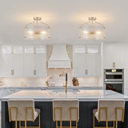 Semi Flush Mount Ceiling Light Fixture Glass Drum Chandelier Entryway Light Fixture 16''Brushed Nickel Flush Mount Ceiling Lights 3