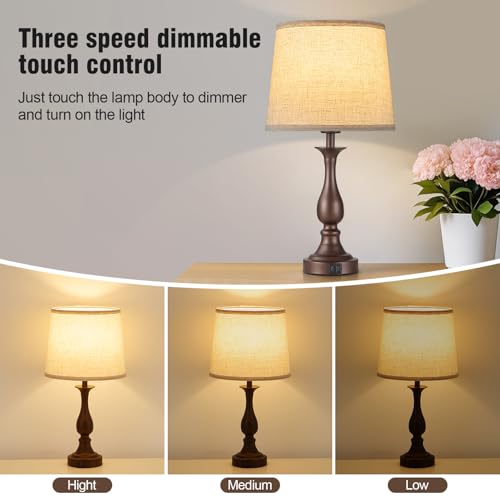 Bedside Table Lamp Touch Control Bedroom Lamps with USB A + C Charging Port 3 Way Dimmable Touch Lamps for Nightstand Living Room Bedroom Dorm Home Office Reading (2 Count)