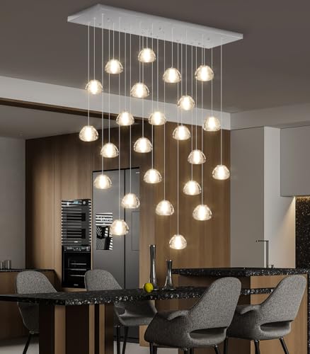 24 Lights Modern Rectangular Crystal Chandelier LED Raindrop Ceiling Pendant Light Crystal Lighting Fixture for Living Room Hotel Staircase Hallway Foyer Entryway Bedroom Silver
