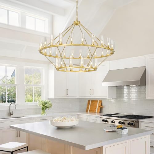 63 Inch Large Gold Wagon Wheel Chandelier with Clear Glass Shade 2 Tier 36