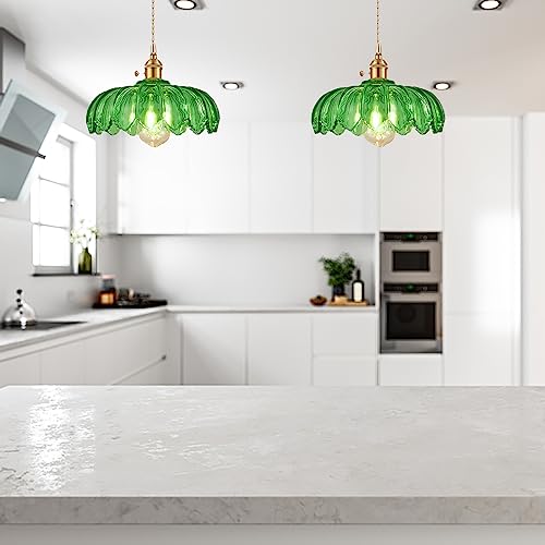 Grass Green Glass Pendant Light Fixtures Medium 9.8 Inches Lampshade Gold Brass Finish and Switch Vintage Pendant Ceiling Lamp Copper Pendant Lighting
