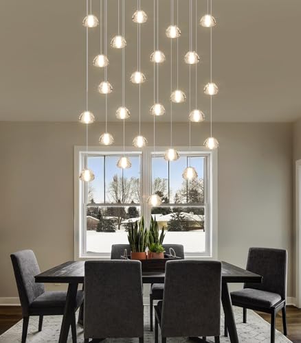 24 Lights Modern Rectangular Crystal Chandelier LED Raindrop Ceiling Pendant Light Crystal Lighting Fixture for Living Room Hotel Staircase Hallway Foyer Entryway Bedroom Silver