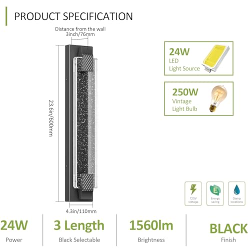23.6in Black Outdoor Wall Sconces Modern LED Crystal Exterior Lights