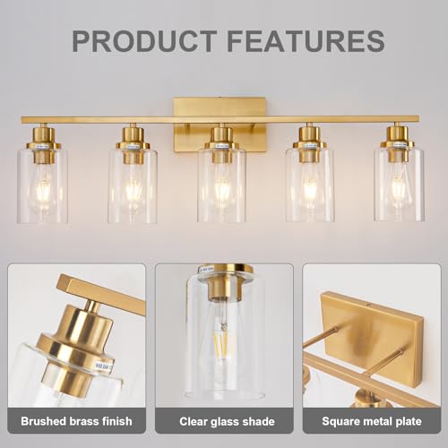 5 Light Gold Bathroom Light Fixtures Brushed Brass Vanity Light Over Mirror Modern Wall Lighting Sconces Wall Lamp for Bathroom (5 Count)