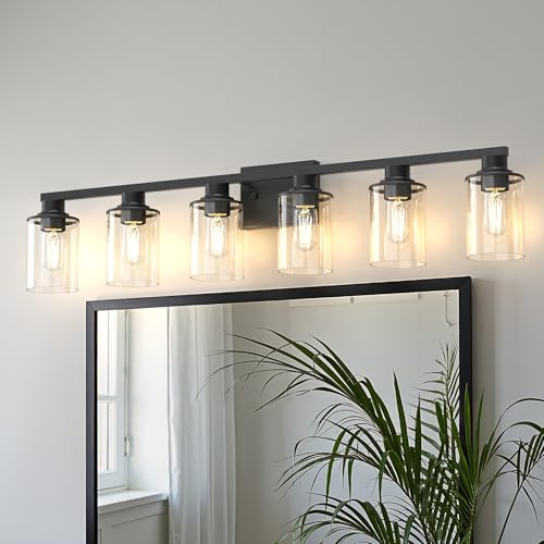 6 Light Black Bathroom Vanity Light Fixture Over Mirror