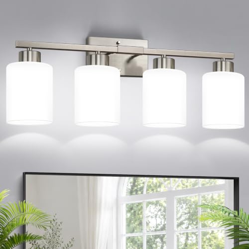 Brushed Nickel Bathroom Light Fixtures with Milk Glass Shades