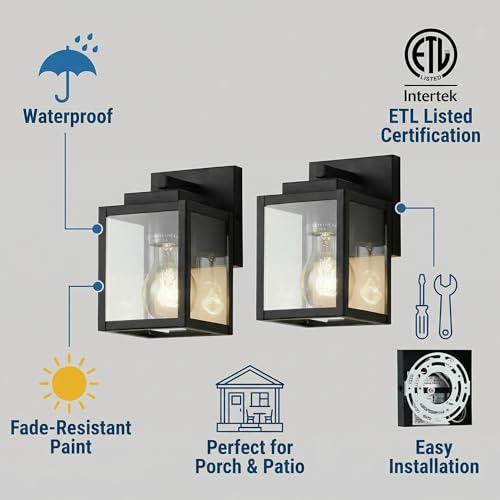7" Classic Outdoor Wall Sconce 1 Light in Matte Black Rectangular Metal Frame and Clear Glass Shade Waterproof Porch Light Patio Light Pack of 2 (2 Count)