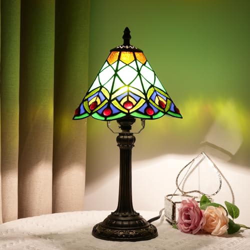 Green Small Tiffany Lamp Stained Glass Table lamp Peacock Tail Bedroom Bedside Light for Living Room Dormitory Bar Retro Style Unique Cute funky Accent Decor Cottage 8" Village gift Nightstand Lamp