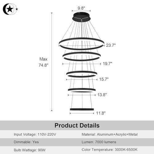 5 Rings Modern LED Chandelier Black Dimmable High Ceiling Chandelier for Dining Room with Remote Control for Foyer Living Room Entryway Staircase