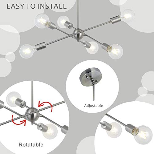Sputnik Chandelier 6 Lights Modern Pendant Lighting Brushed Nickel Mid Century Flush Mount Ceiling Light Fixture by UL Listed