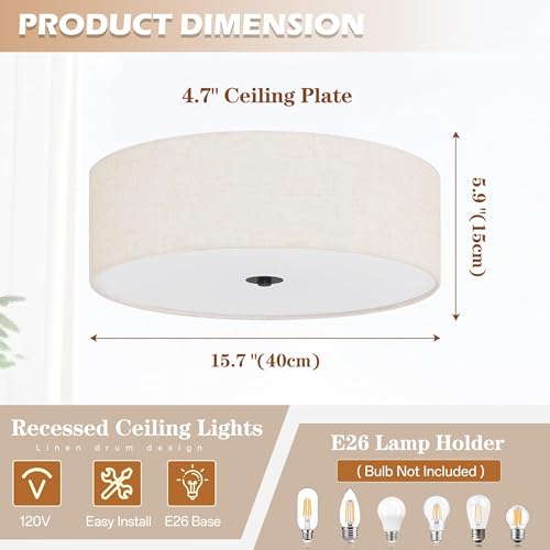 16 Inch 3 Light Drum Modern Black Ceiling Light Fixture Flush Mount Ceiling Light Fixture Dimmable Close to Ceiling Light Fixture with Fabric Shade for Living Room Hallway Entryway Bedroom