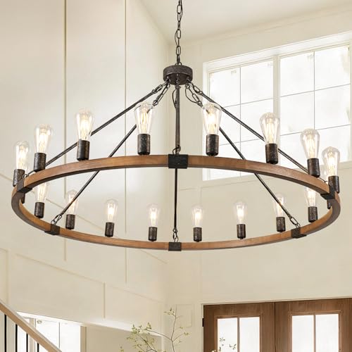 Farmhouse Wagon Wheel Chandelier 47" Oak Wood Chandelier Light Fixture 18