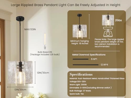Modern Large 12 in Black Water Ripple Glass Kitchen Island Pendant Light Fixtures