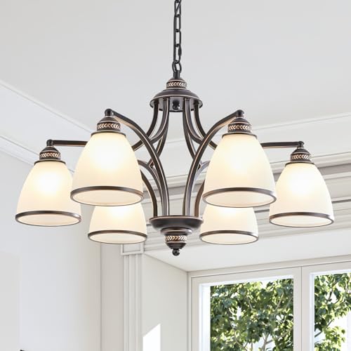 6 Light Chandeliers for Dining Room with Frosted Glass Black and Gold Strokes Modern 30’’Ceiling Hanging Light Fixtures Classic Pendant Lighting for Kitchen (6 Count)