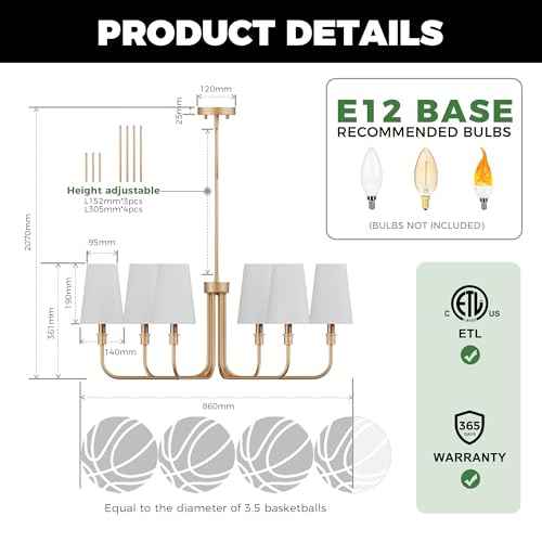6-Light Chandelier for Dining Room Light Fixture Over Table, 33.86" Modern Muted Gold Chandelier with White Fabric Shade, Adjustable Hanging Light Fixture for Kitchen Dining Room