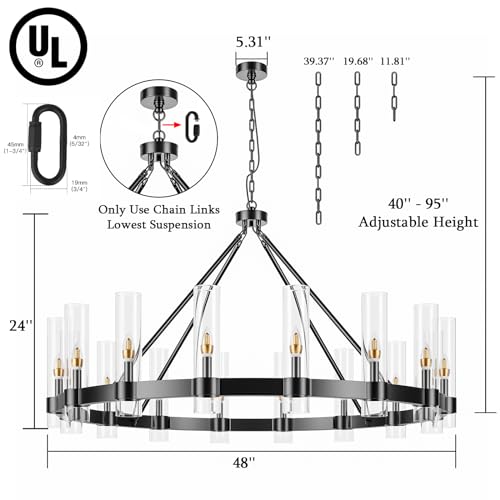 48 Inch Black Wagon Wheel Chandelier with Glass Shade