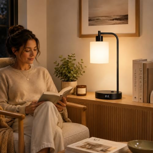 Set of 2 Industrial Touch Control Table Lamps with 2 USB Ports and AC Outlet