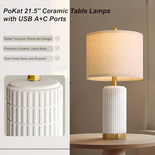 21.5'' Stone Like Bedside Table Lamps Set of 2 for Bedroom with 2 USB A+C (2 Count)