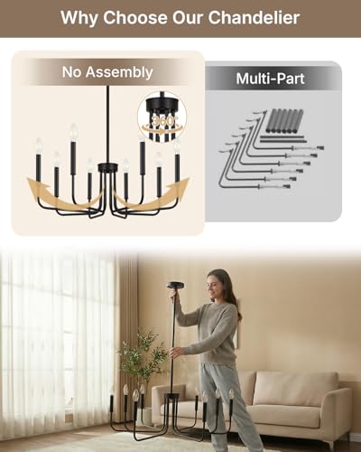Yunnix 8 Light Black Chandelier, Farmhouse Chandelier for Dining Room Light Fixture Hanging, UL Listed Industrial Modern Chandelier for Bedroom, Foyer, Kitchen, Living Room, No Assembly Required