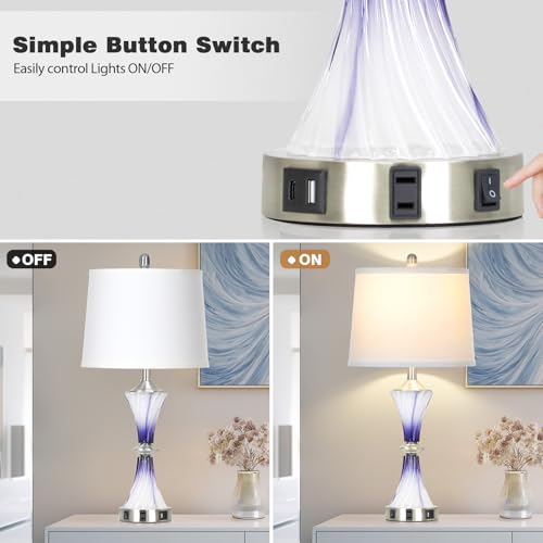 Purple Glass Table Lamp Set of 2 with USB C+A Ports & AC Outlet (2 Count)