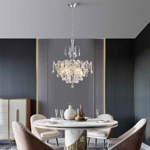 Modern Crystal Chandelier, Chrome Candle Chandeliers for Dining Room Lighting Fixtures Hanging, Kitchen Ceiling Hanging Pendant Light for Bedroom Living Room Kitchen Island Hallway
