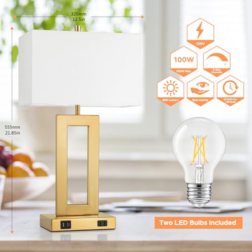 22" Gold Modern Table Lamp Set of 2 with 2 USB Ports&AC Outlet (2 Count)
