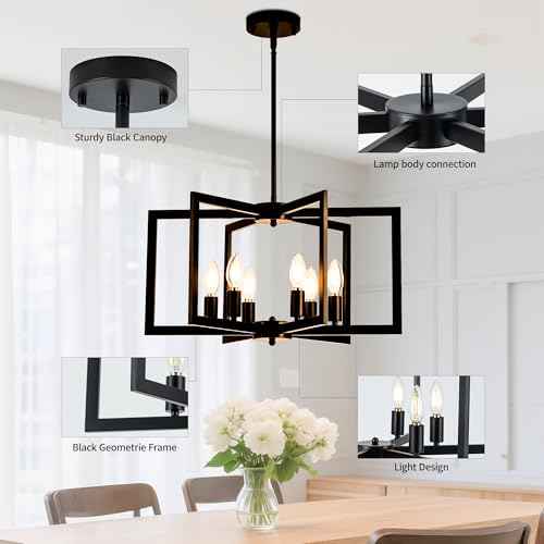Matte Black Modern Chandelier 6-Light, Geometric Pendant Light Fixture with E12 Candelabra Base (Bulbs NOT Included), Open Frame Hanging Lighting for Dining Room, Kitchen Island, Foyer and Living Room