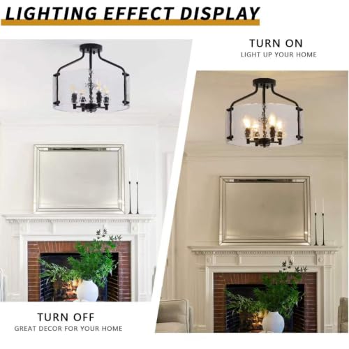 Glass Drum Black Semi Flush Mount Ceiling Light 16'' Modern Light Fixture