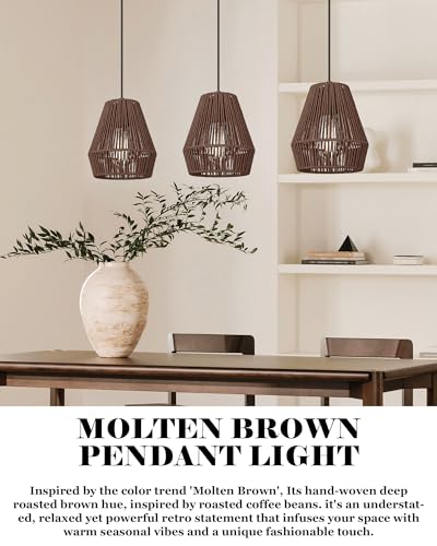 Woven Pendant Lights 7” Rustic Rattan Hanging Lamp Adjustable Handwoven Basket Shade Boho Pendant Light Fixtures for Kitchen Island Dining Room Bedroom Bar Foyer Hallway Japandi Dark Brown