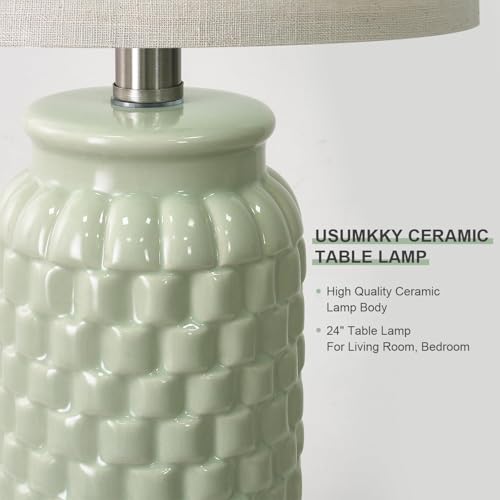 24" Modern Ceramic Green Bedside Lamp Set of 2 Table Lamp for Bedroom Decor Farmhouse Table Lamp for Living Room Office Dorm (2 Count)