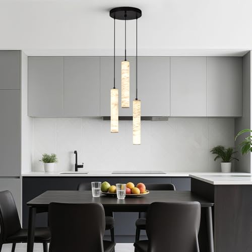 Natural Alabaster Pendant Lights for Kitchen Island White Marble Long Tube Chandelier 4000K Modern Black Ceiling Light Fixtures for Bedroom Dining Room Table Living Room Hallway