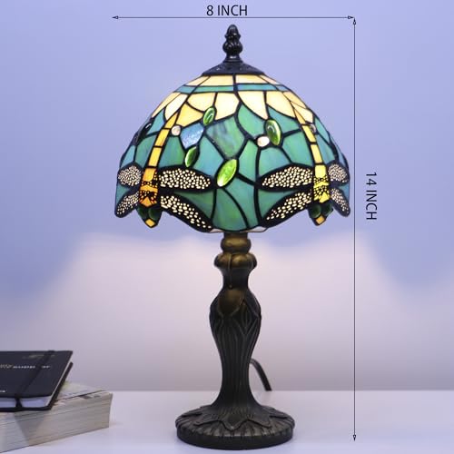 Tiffany Table Lamp Dragonfly Style Blue Yellow Stained Glass Accent Lamp Bronze Resin Base 8X8X14 Inch