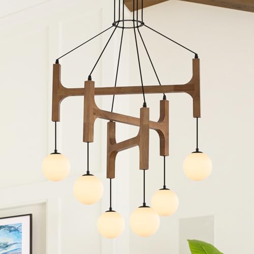 Rustic Oak 6 Light Wooden Chandelier with Milk Glass Globe L28 Inch