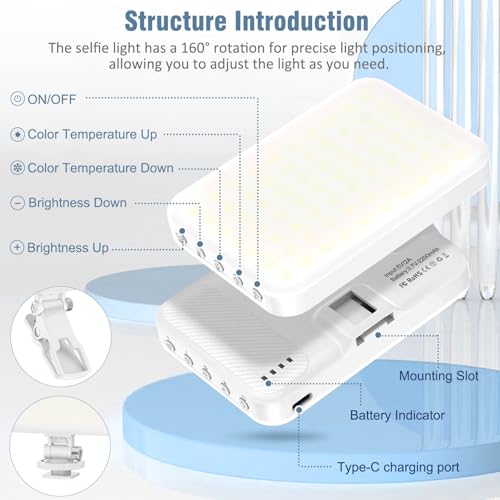 60 LED Portable Selfie Light Video Conference Lighting with Clip & Camera Tripod Adapter Rechargeable 2200mAh CRI 97+