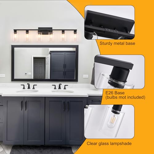 6 Light Bathroom Vanity Light Black Vanity Lights for Bathroom Light Fixtures Matte Black 6 Light Fixtures with Clear Glass Shades for Bath Over Mirror