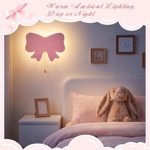 2 Pcs Pink Bow Night Light for Girls Cute Floating LED Lamp for Kids Nursery Room Decor Battery or USB Operated Night Light for Wall Bedroom Table Office Home Decorations (2 Count)