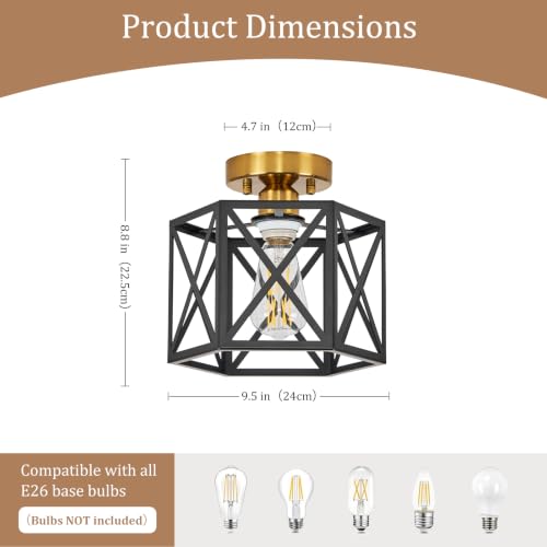 Farmhouse Black and Gold Semi Flush Mount Ceiling Light 9.5 Inch (Black and Gold / 9.5 Inch)