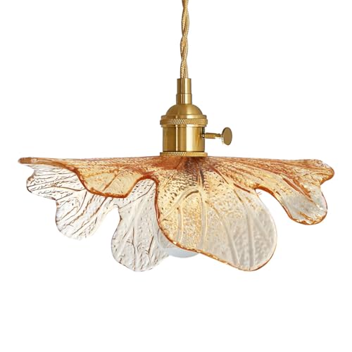 Mid Century Pendant Light for Kitchen with Blown Flower Amber Glass