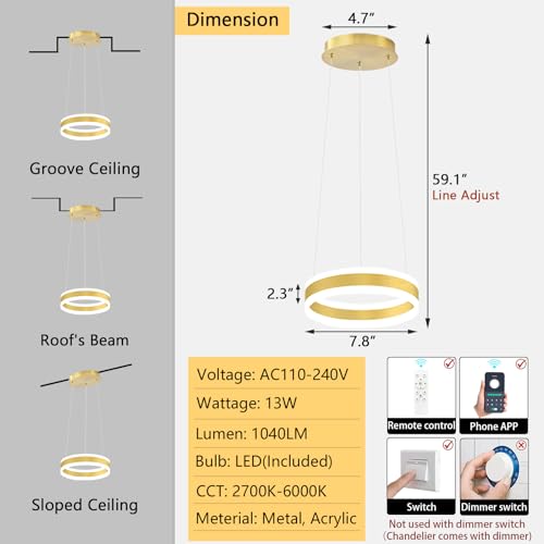 D7.8'' Modern Ring Chandelier for Dining Room LED Dimmable Pendant Lighting High Ceiling Chandelier for Living Room Foyer Bedroom Entryway 3000K