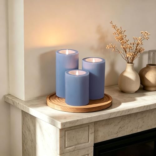Dusty Blue Ribbed Moving Flame LED Pillar Candles with Remote (Dusty Blue)
