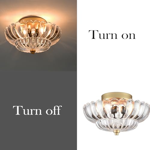 Gold Ceiling Light Fixture with Scalloped Clear Glass Shade