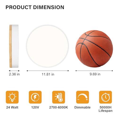 Dimmable LED Wood White Round Flush Mount Ceiling Light 11.81 Inch