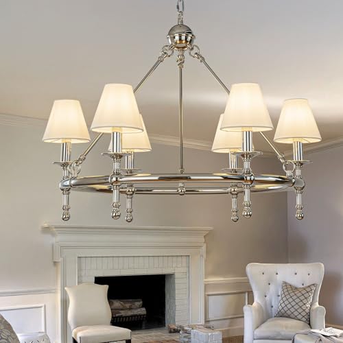 6 Lights W34in Polished Nickel and White Pleated Fabric Chandeliers for Dining Room Mid Century Modern Large Round Chandeliers for Classic Living Room
