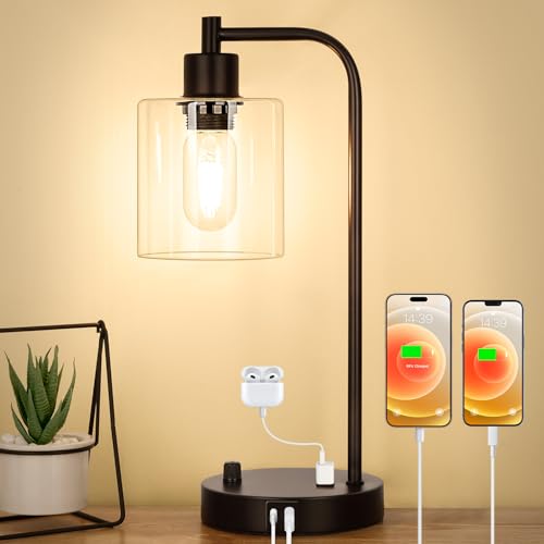 Industrial Table Lamp with USB A+C Ports and Outlet