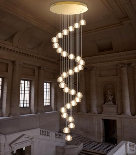 30 Lights Modern Chandeliers for High Ceiling Large Crystal Chandeliers LED Long Handing Light Fixture for Entrance Hallway Foyer Staircase 3000K