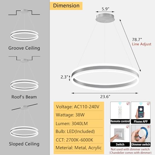 D23.6'' Modern Ring Chandelier for Dining Room LED Dimmable Pendant Lighting High Ceiling Chandelier for Living Room Foyer Bedroom Entryway 3000K