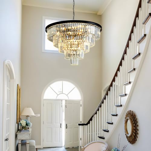 Large Crystal Chandelier 30'' Modern Black Dining Room Light Fixture