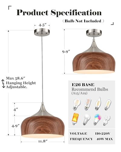 Bauhaus Pendant Light Wooden Pattern Dome Pendant Light Fixture Brushed Nickel Metal Modern Adjustable Hanging Lighting for Kitchen Island Dining Room Office Hallway Foyer Bedroom