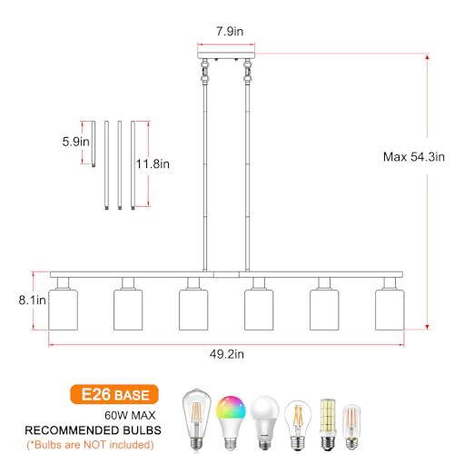 6 Light Kitchen Island Lighting with Glass Shade and Adjustable Rods